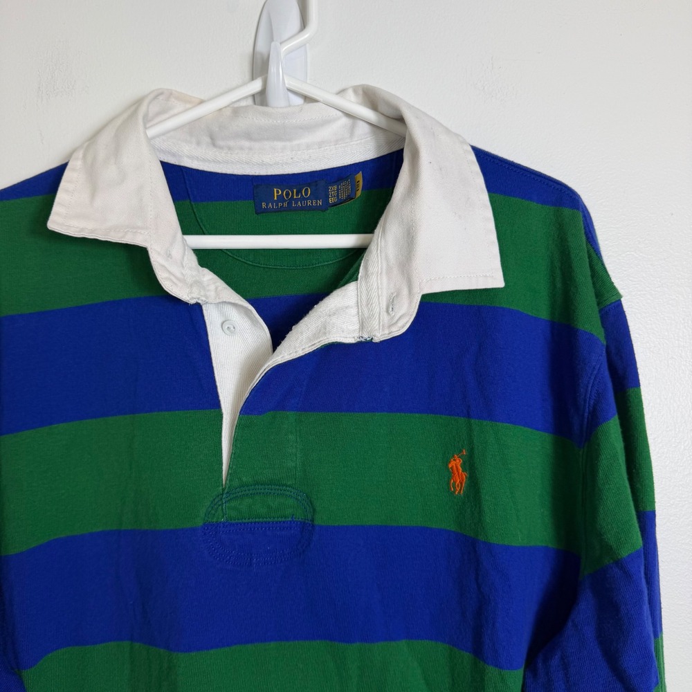 Polo Ralph Lauren Rugby Shirt Men 2XB Blue Green Striped Long Sleeve Pony Logo